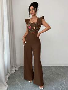 GlowEve Women's Floral Print Square Neck Cap Sleeve Wide Leg Elegant Jumpsuit - Coffee Brown - View 5