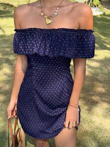 Vivid Eden Women's Casual Romantic Vacation Polka Dot Print Off Shoulder Dress, Spring/Summer,Dresses For Women Summer - Navy Blue - View 8