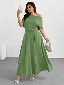 Firerie Plus Size Women's Fashionable Solid Color Off-Shoulder Long Dress - Green - View 1