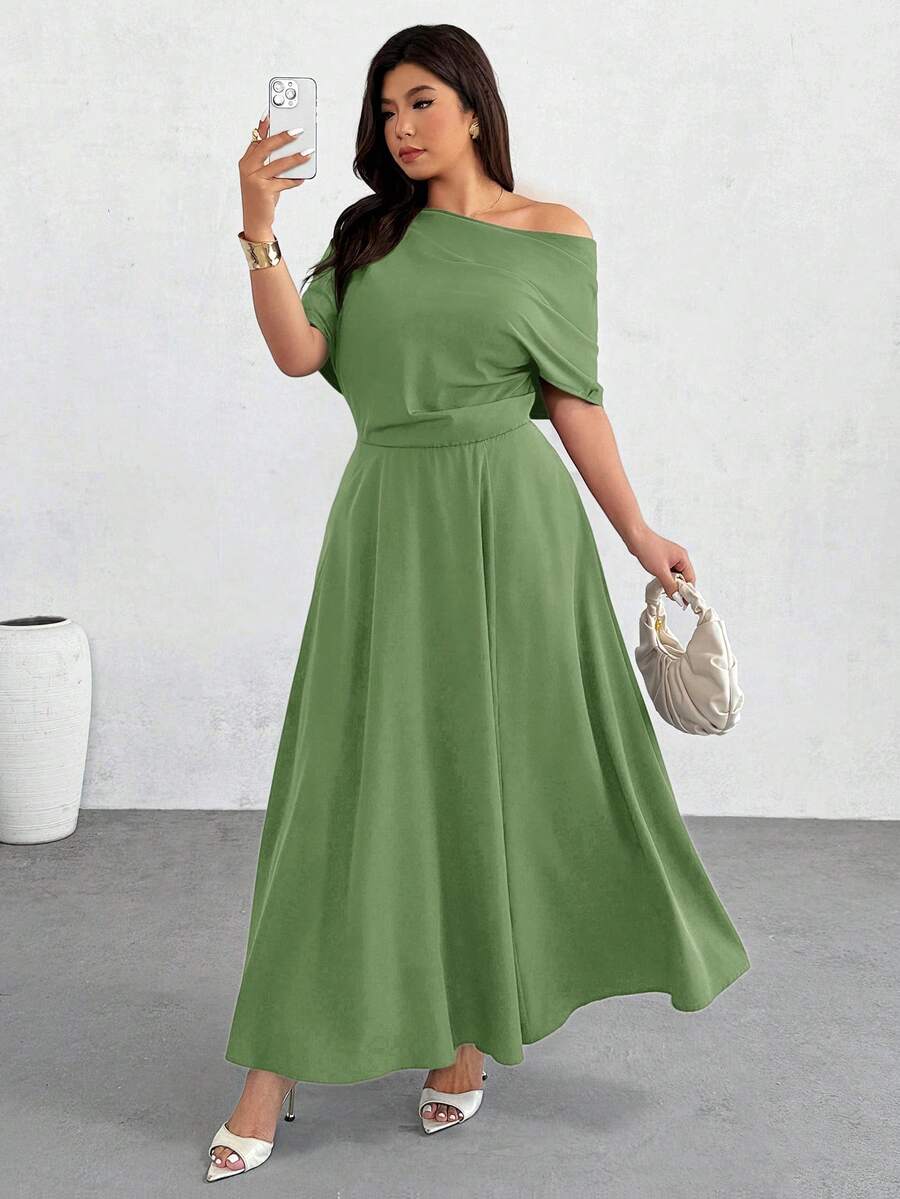 Firerie Plus Size Women's Fashionable Solid Color Off-Shoulder Long Dress - Green - View 1