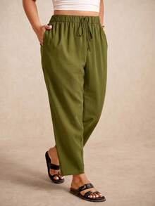 Elaquor Pantalones cortos con cintura elástica de talla grande y estilo casual - Verde militar - Ver 5
