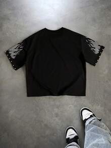 ROMWE MEN Street Life Kaos Lengan Pendek Pria dengan Motif Kancing - Hitam - View 3