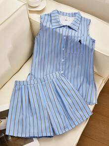 SHEIN Teen Girl Linen Camisole Shorts Set,Sleeveless Shirt Shorts Suit,Loose Comfortable Summer Leisure Wear,Back-To-School,Graduation - Blue - View 6