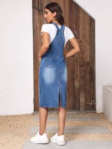 SHEIN PETITE Đầm yếm denim dáng suông cho nữ nhỏ nhắn, có túi. - Màu xanh lam - Xem 2