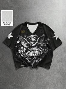 ROMWE MEN Prep Men's Letter & Angel Print Short Sleeve Casual T-Shirt - Multicolor - View 1