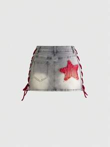 ROMWE J-Fashion Y2K复古低腰撞色英文字母印花红色牛仔迷你裙（女款） - 灰色 - 查看 2