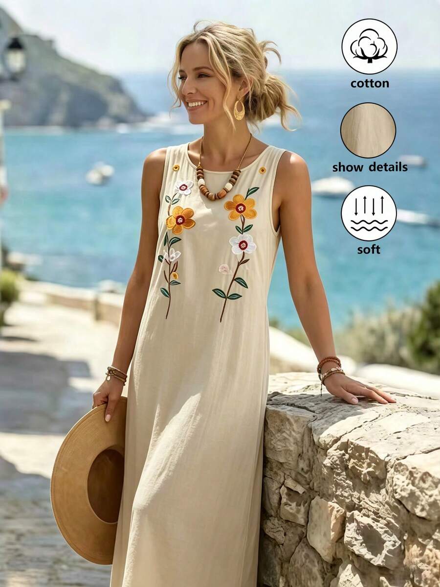 Đầm nữ dáng casual thêu họa tiết có túi, đa năng và thời trang, thích hợp cho kỳ nghỉ. - Màu be - Xem 1