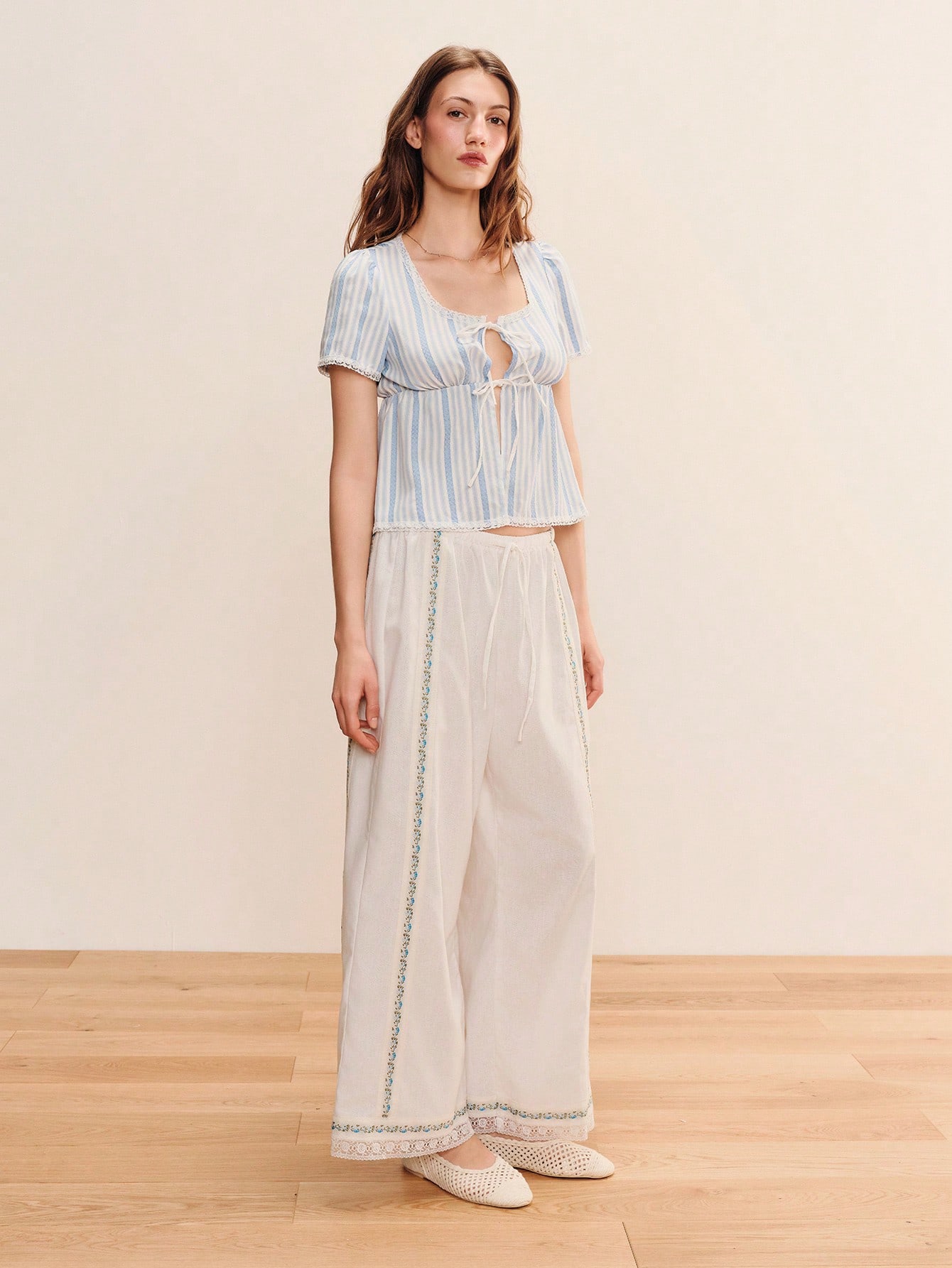Light Blue Loose Fit Square Neck Striped Blouse With White Lace Trim, Puff Shoulders, Spring Summer Holiday Top Cute Going Out Blouse Casual Top French Style Striped Top