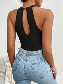 Allurite Solid Color Lace Patchwork Hollow See-Through Halter Bodysuit - Black - View 2