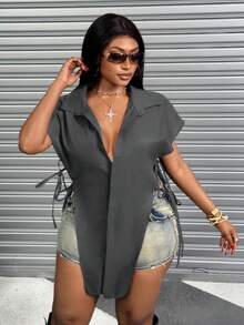 Plus Size Turndown Collar Hidden Placket Side Hollow Bow Tie Elegant Sexy Blouse - Dark Grey - View 7