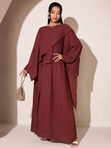 Veilorie Women's Solid Color Minimalist Design Loose Long Sleeve Arabic Style Outfit Set - Burgundy - View 3