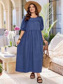Plus Size Women's Summer Casual Vacation Country Round Neck Mid-Sleeve Short Sleeve Long Solid Color Blue Long Dress, Suitable For Summer Vacation,Casual Holiday Style,Summer Outfits For Women ,Vacation Outfits Women ,Holiday Outfits For Women,Going Out Outfits, New Clothes,Simple And Fashionable For Everyday Wear,Suitable For Summer, Vacation, Daily Wear, Festival Outfits For Women,Country Concert Outfit,Beach Outfits For Women,Western Style,Flowy Dress,Gifts For Mother,Faux Denim Blue Boho Dress - Blue - View 5