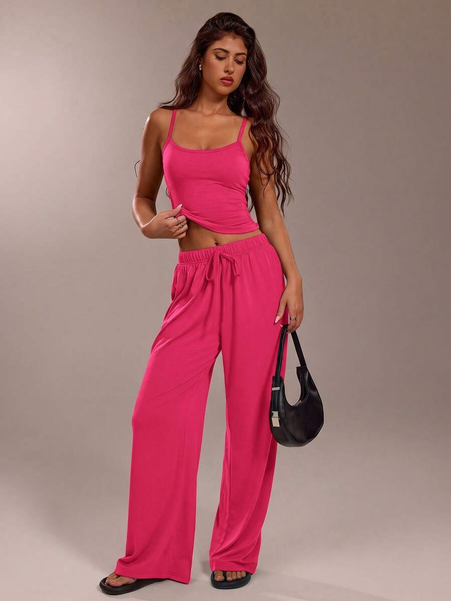 Avantive Women's Solid Color Fitted Camisole And Pants Casual Suit - Hot Pink - View 1