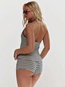 MUSERA Striped Halterneck Crop Top And Fitted Micro Shorts Hotpants Set Co-Ord Spring Summer Cute Girly Holiday Vacation Beach Everyday Casual Sorbet - Multicolor - View 2