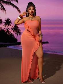 Maweii Plus Size Women Pink Strapless Ruffle Slit Bodycon Mermaid Dress Beach Summer Sexy - Coral Orange - View 5