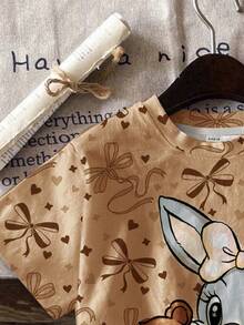 2pcs/Set Young Girls Cute Cartoon Rabbit Print Casual T-Shirt And Shorts, Sweet Bowknot Decor, Muted Color, Suitable For Girls, Comfortable Summer, Back To School, Y2K Style, Kids Fall Fashion, Cozy , Sweet Style, Affordable Fashion, Weekend Outfits Young Girls Clothing Bunny T-Shirt Rabbit Shirt Kids T-Shirt Kids Clothes - Multicolor - View 5