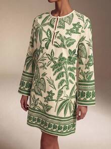 Swim Oasis Women's Printed Dress, Round Neck Flare Sleeve Loose Casual Boho Holiday Dress Holiday Tea Party Sage Green Summer - Green - View 5