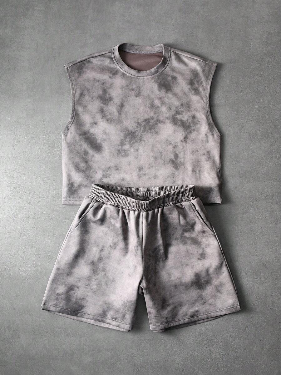 PAVTROS Bộ đồ nam mùa hè kiểu dáng thường ngày, áo tank top và quần short in họa tiết tie-dye. - Xám - Xem 1