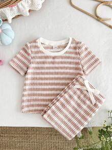 LMoss Kids 2pcs Baby Girl Knitted Striped Casual T-Shirt And Leggings Set - Baby Pink - View 7