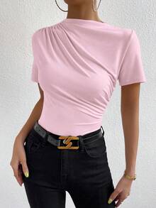 Chiquease Camiseta feminina de manga curta, lisa, plissada, casual e versátil para uso diário. - Rosa - Ver 5