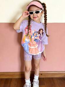 Conjunto de camiseta de manga corta y pantalones cortos suaves y cómodos con cuello redondo para niña, estampado con purpurina brillante y copos de nieve, estilo princesa, apropiado para primavera/verano, vacaciones, festivales, con vibraciones de primavera y verano, estilo princesa, conjunto de camiseta gráfica floral, nuevo estilo, relajado, vibraciones de primavera, verano relajado, estilo femenino - Blanco - Ver 3