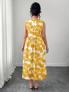 Elenzga Plus Size Elegant Round Neck Ditsy Floral Sleeveless Flared Dress - Yellow - View 2