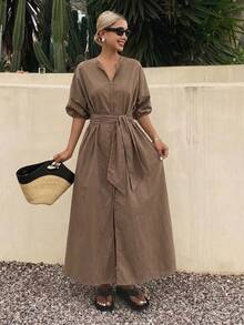 Livesso 夏季宽松商务休闲纯色通勤办公服拼接长款衬衫裙，腰带花瓣袖短袖中长连衣裙，女士太阳裙 - 棕色 - 查看 4