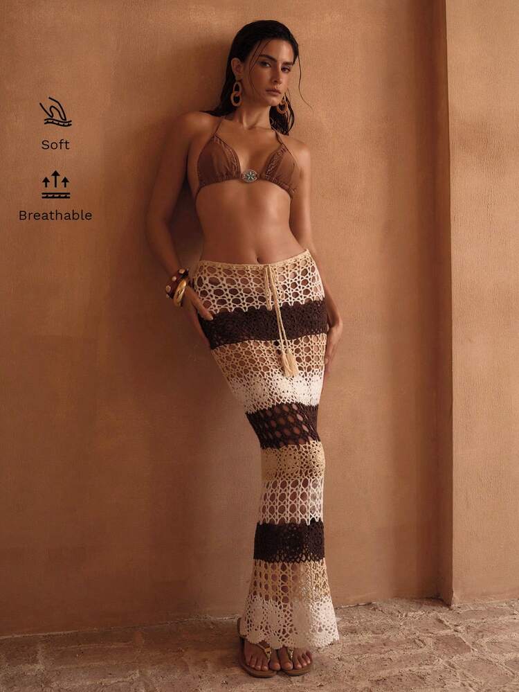 HANDMADE CROCHET FLORAL TEXTURED MESH PATCHWORK BOHEMIAN CASUAL VACATION COVER UP & MAXI SKIRT SET