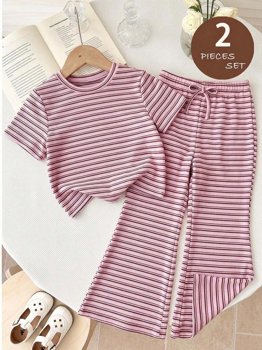 LMoss Kids Young Girl Casual Vacation & Commute Contrast Stripe & Floral Print Short Sleeve T-Shirt And Flare Pants Set, Spring/Summer/Autumn - Pink - View 1