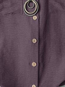SHEIN LUNE CURVE Plus Size Women's Solid Color Full Button Closure Lapel Collar Short Sleeve Dual Pocket Casual Comfortable Fashion Shirt - Dusty Purple - View 5