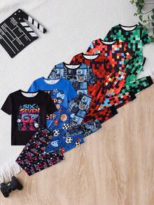 [2 Sets Random] 1 Set Tween Boy Snug Fit Pajamas Round Neck Short Sleeve & Long Pants Multicolor Checkered Cartoon Game Soccer Soft Knit Spring - Multicolor - View 3