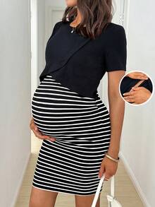 SHEIN Maternity Striped Patchwork Nursing Dress,Summer Casual Elegant Black And White Crossover Top Breastfeeding Outfits For Baby Shower,Fitted Delivery - Black - View 3