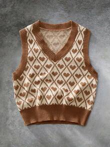 GENTILAND Áo vest len nam mùa hè họa tiết trái tim phối viền tương phản - màu nâu - Xem 3