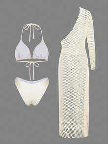 Swim Oasis 2026 New Summer Holiday Party Vacation Dress For Women White Halter Spaghetti Strap Sexy Beach Resort Wedding Evening Bikini 3-Piece Set - Apricot - View 2