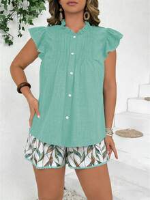 Weeklong Plus Size Solid Color Casual Retro Pleated Ruffle Flare Sleeve Top And All-Over Print Shorts 2 Piece Set - Mint Green - View 3