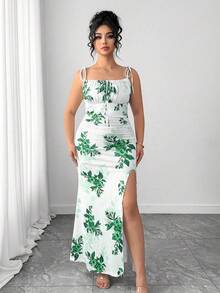 SHEIN Clasi 女款細肩帶洋裝，腰部綁帶、百褶下擺與開衩設計，適合約會、派對與日常穿著，優雅剪裁凸顯女性魅力 - 彩色 - 查看 6