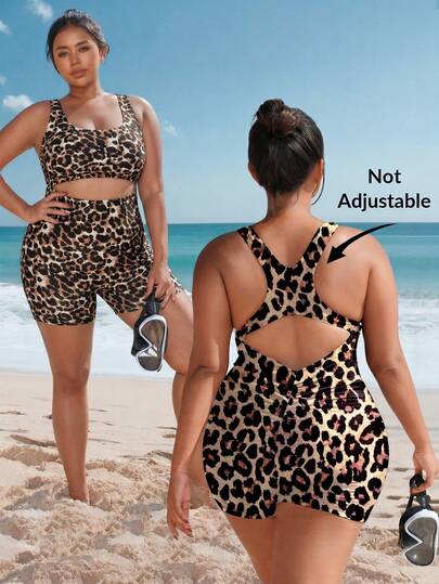 Swim SPRTY Plus Size Leopard Print Hollow One-Piece Swimsuit