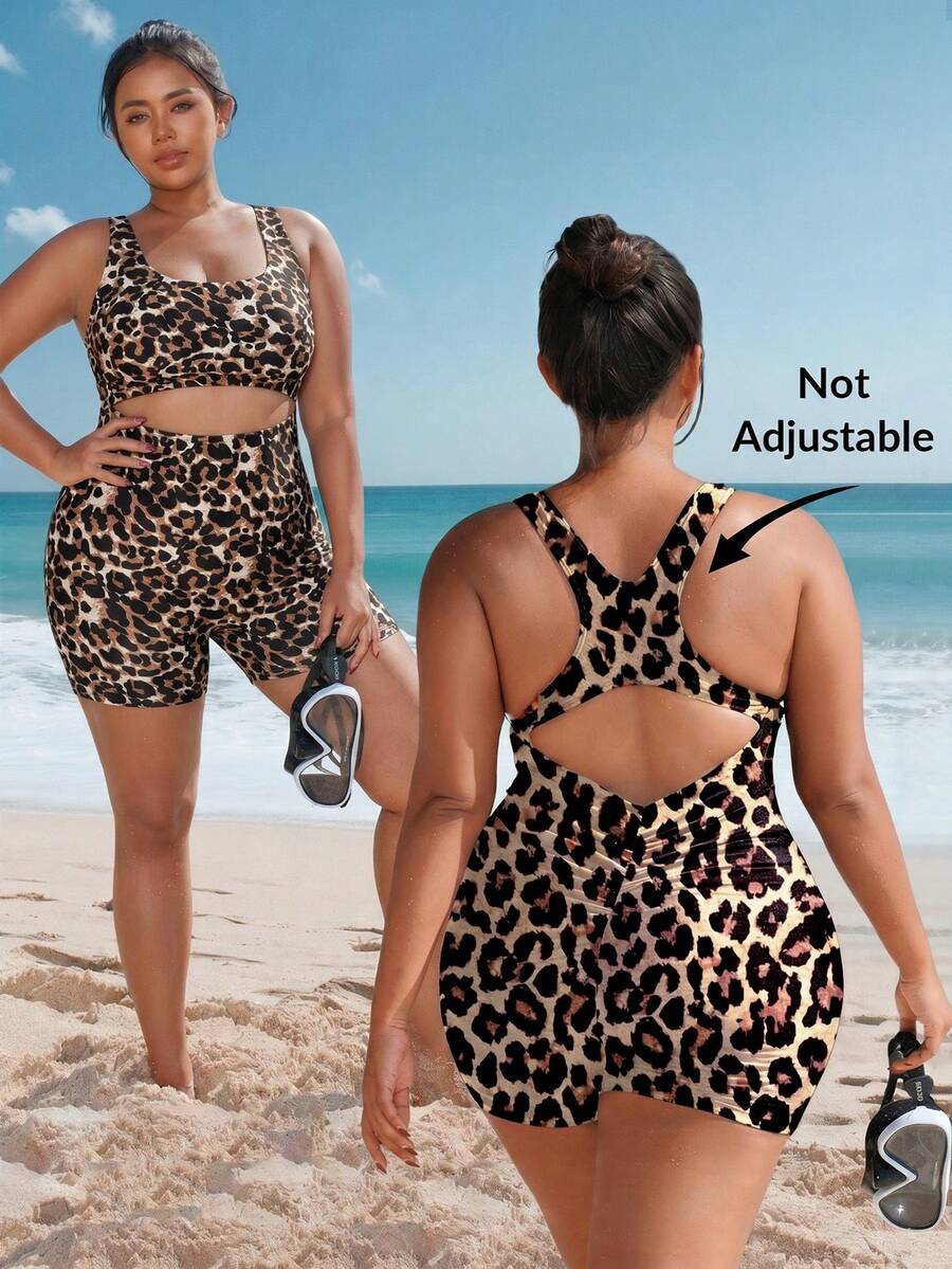 Swim SPRTY Plus Size Leopard Print Hollow One-Piece Swimsuit - Multicolor - View 1