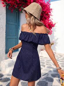 Vivid Eden Women's Casual Romantic Vacation Polka Dot Print Off Shoulder Dress, Spring/Summer,Dresses For Women Summer - Navy Blue - View 6