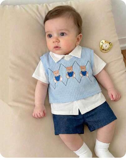 Bộ đồ sơ sinh 3 món: Quần short, áo sơ mi, áo ba lỗ