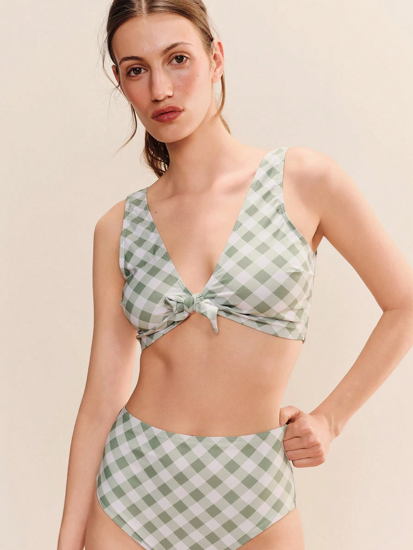 Sage Green Checkered Print Bikini Set With A Front Tie And High Waisted Bottoms Cute French Summer 2 Pieces Swimwear Vintage Beachwear