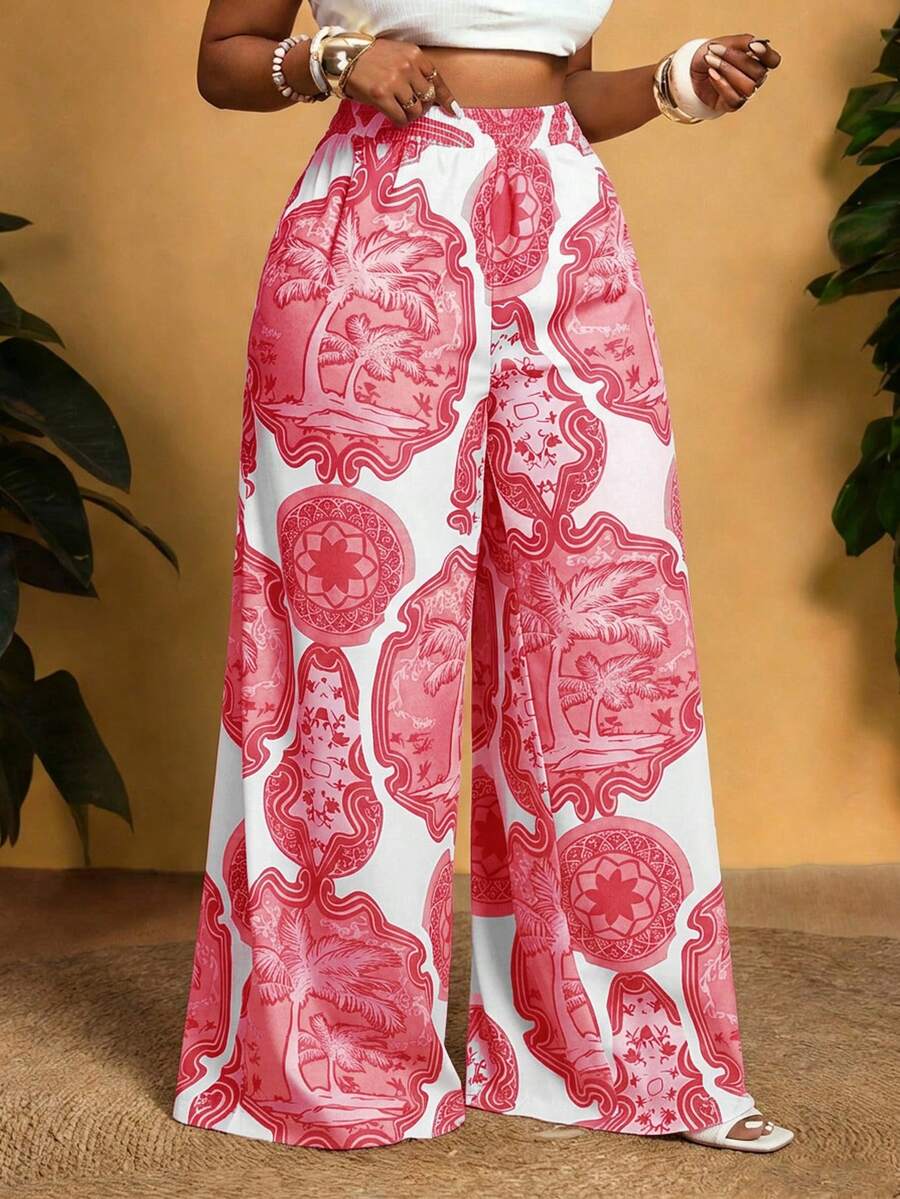 Veslaya 春夏新款度假休闲日常穿着沙滩篝火派对宽松大码女式长裤,多色印花 - 粉色 - 查看 1