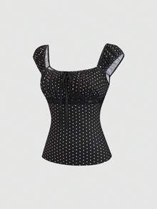 Sweetra Retro American Style Polka Dot Square Collar Bow Lace Patchwork Fitted Summer T-Shirt For Women - Black - View 3