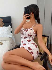 Napfluff Bộ đồ ngủ liền thân ôm sát in họa tiết nơ dành cho nữ. - Màu be - Xem 5