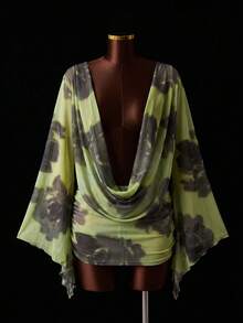 Bonvoyette Fashionable Printed Mesh Shawl, Long Sleeve Deep Draped Neck, Spring/Summer Beach, Party, Vacation Style - Green - View 4