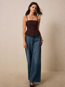 Poéselle Áo camisole nữ màu trơn xếp ly, kiểu dáng thường ngày, đa năng. - màu nâu - Xem 4