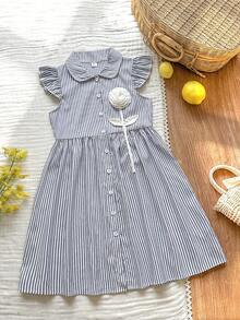 Vintaside Kids Vestido de rayas verticales de moda casual simple con cuello de solapa y mangas cortas para niñas, adecuado para vacaciones al aire libre, campamento, uso casual - azul real - Ver 7