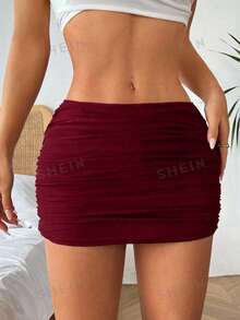 SHEIN EZwear 女士超低腰纯色褶皱紧身迷你裙 - 酒紅色 - 查看 5