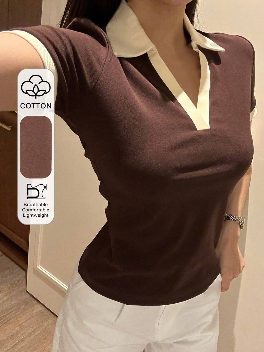 Contrast Trim Polo Neck Tee - Coffee Brown - View 1