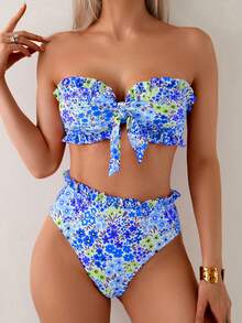 SHEIN Swim Mod 2pcs/Set Ditsy Floral Ruffled Bandeau Bikini Set, Beach & Summer - Blue - View 1